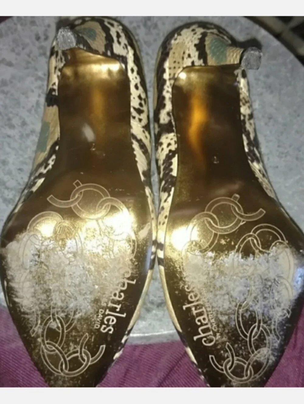CHARLES DAVID Gold Sole Snakeskin Pumps Size 7